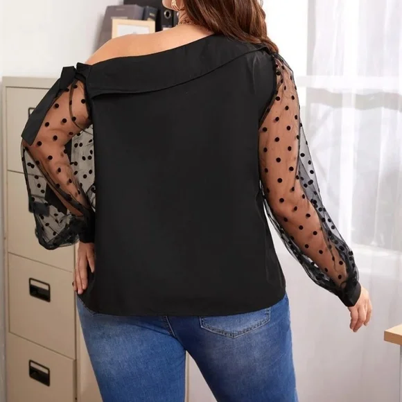 Plus Black Polka Dot One Shoulder Sheer Sleeve Blouse - Picture 3 of 4
